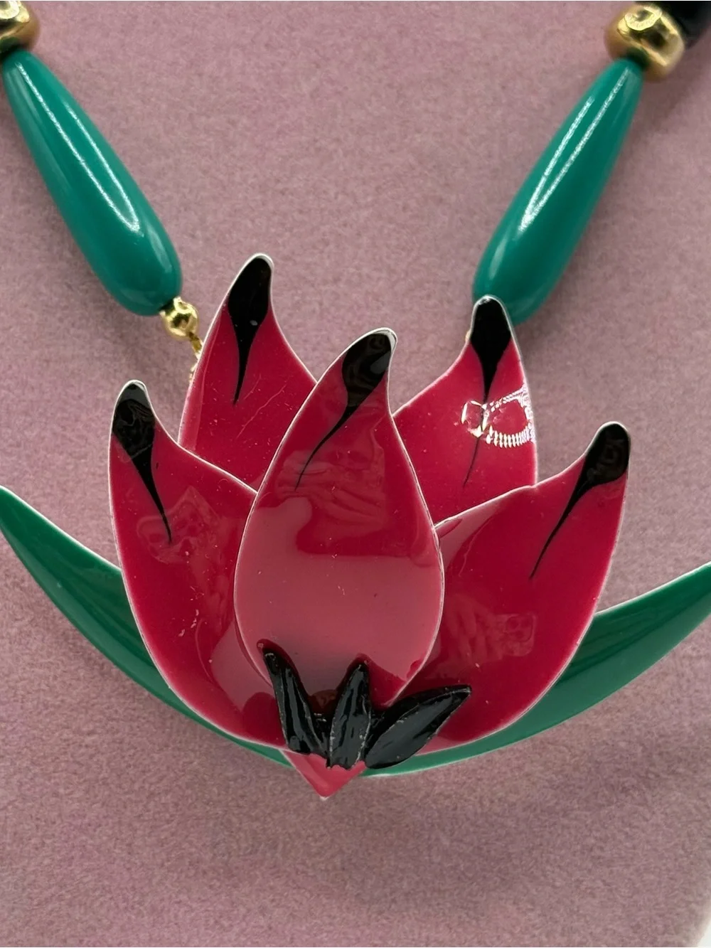 VTG Enameled Water Lily/Lotus Pendant W/Black Tube Beads Necklace